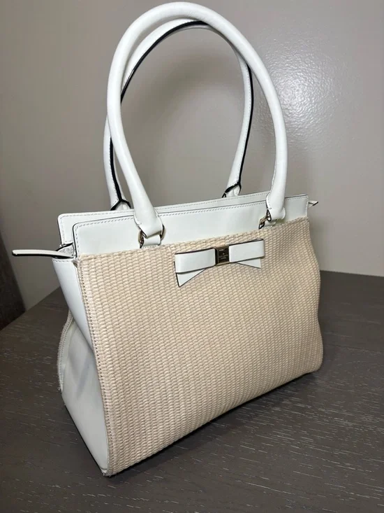 Kate Spade New York Ivory Beige Woven Bow Satchel Bag Gold Hardware - Picture 4 of 11